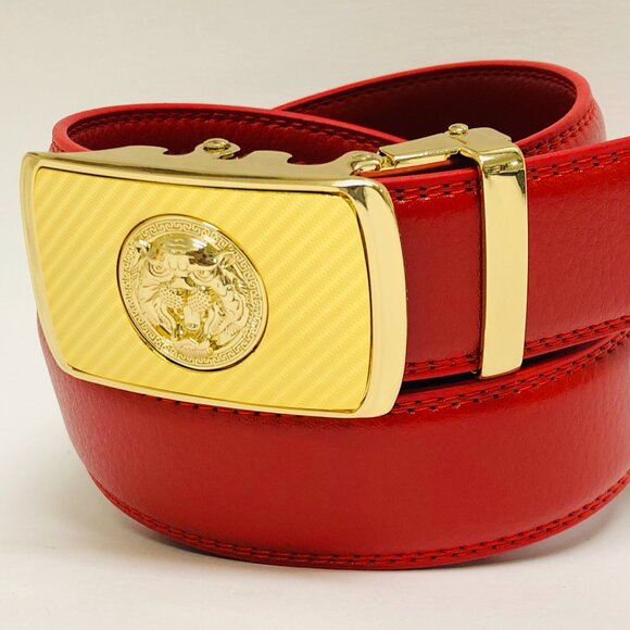 Red Belt Slide Belt Square Gold Buckle Not Holes Slide Belt Fashion Street Wear - Picture 2 of 3